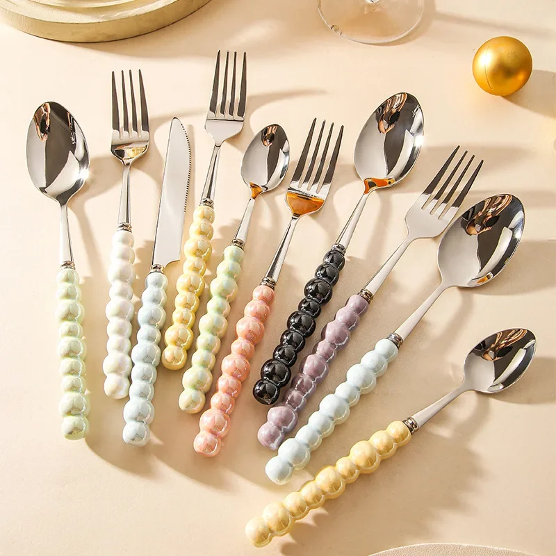 Ceramic Pearl Handle Flatware Set  Stainless Steel Cutlery Set Creativity Knife Spoon Fork Tableware Set