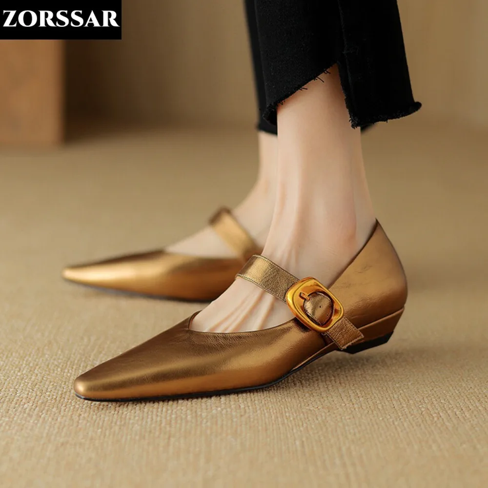 New Women's Mary Jane Shoes Golden Gray Pumps Pointed Toe Dress Shoes Mid Heels Elegant Ladies Shoes Round Buckle Designer