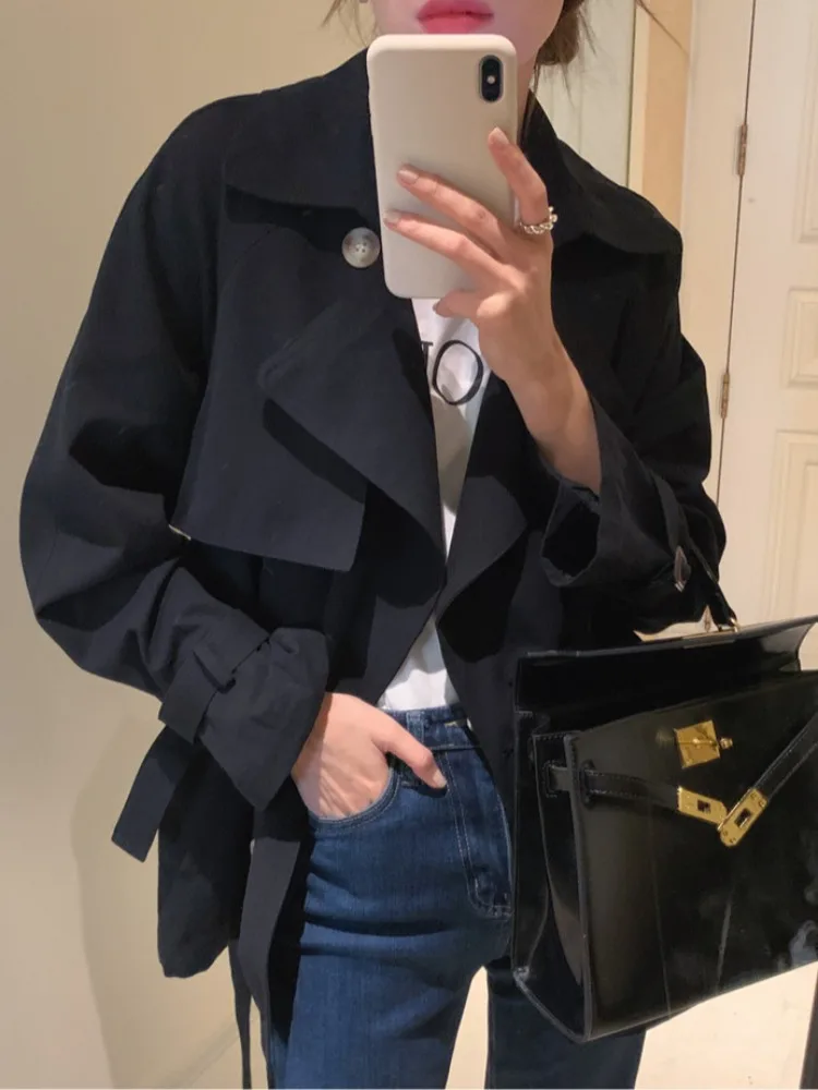 

Chic ort Waist-Cinching Double-Breasted Coat Jaet Women's Sle Retro Briti Suit Collar Belted Slimming Outerwear