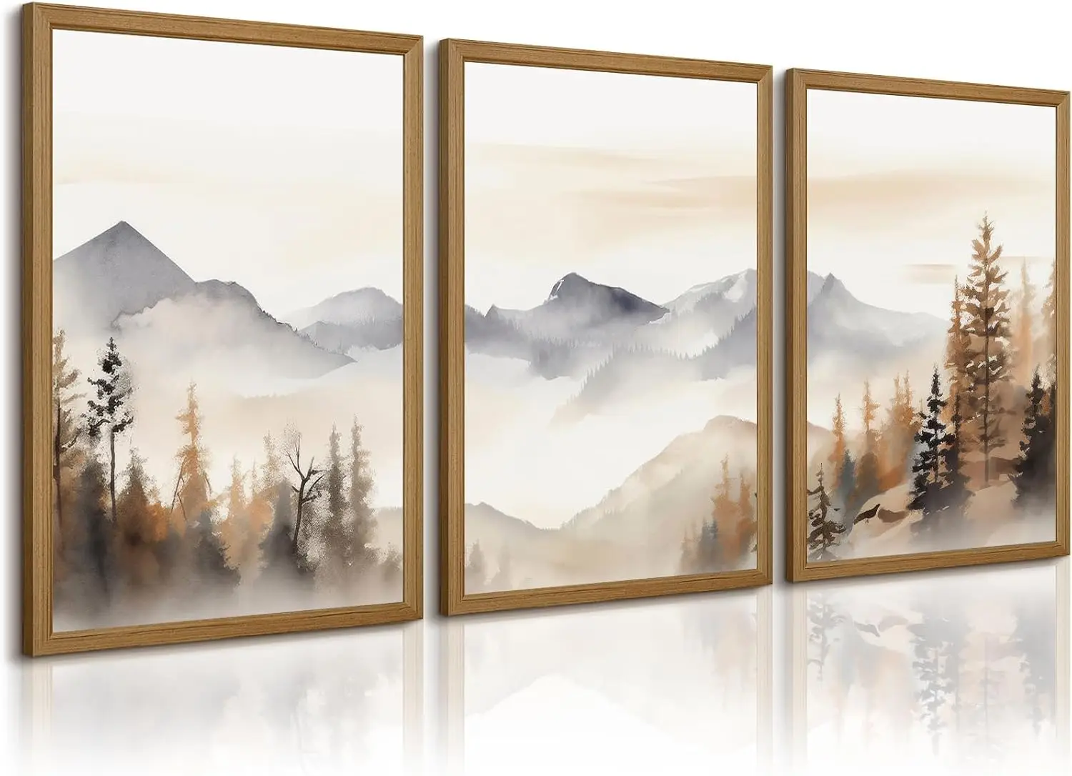 Set of 3 24x36 Inch Framed Canvas Wall Prints, Watercolor Neutral Mountain Forest Abstract Landscape Wall Decor for Living Room Bedroom Indoor Home