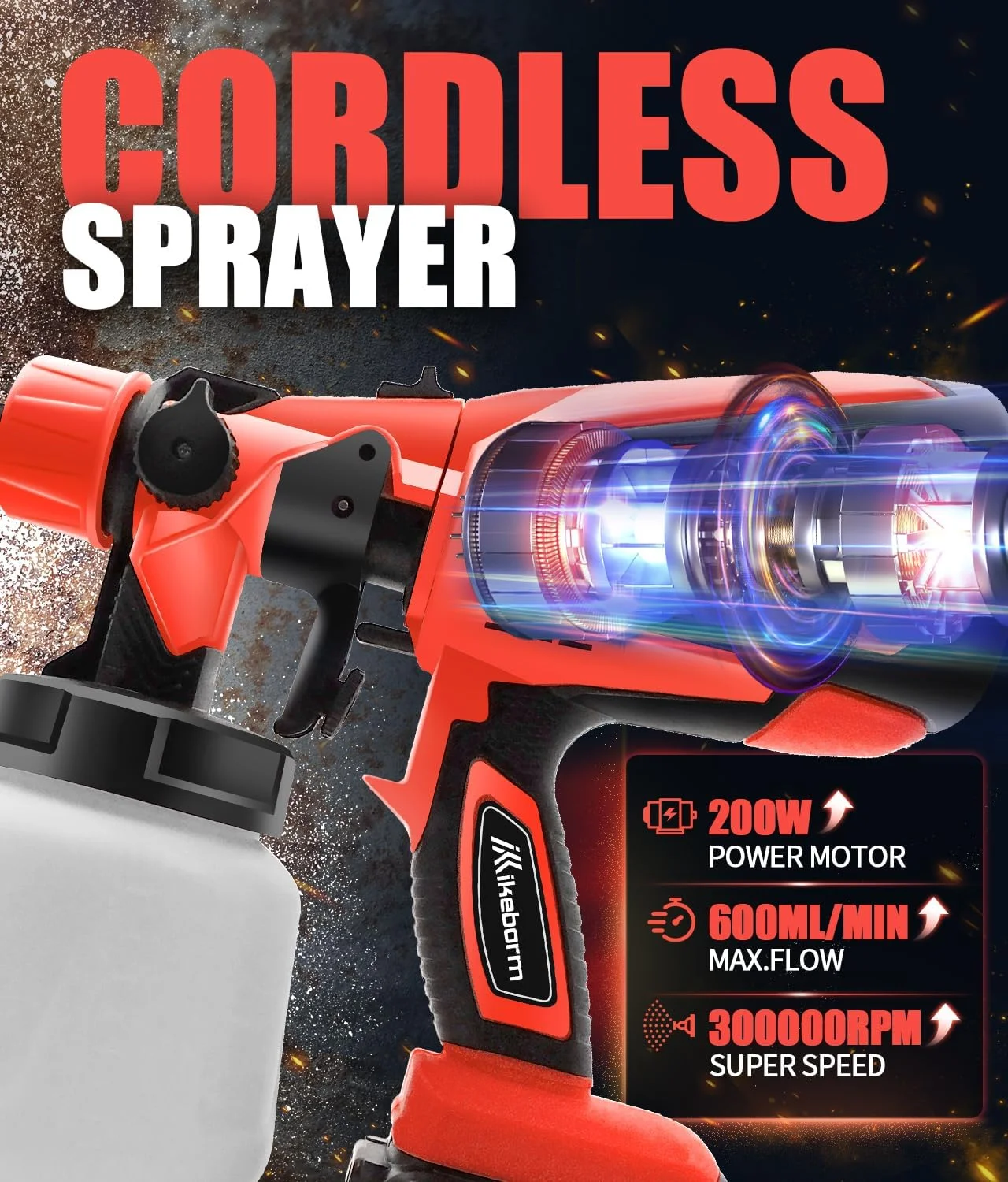 Cordless spray gun (no battery): 4 nozzles and large capacity 1000ml container, doubling work efficiency