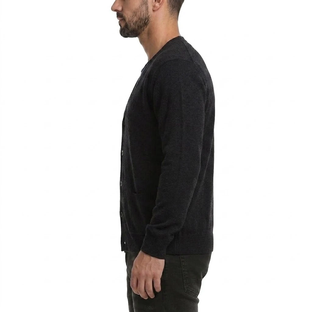 Neuer Herren-Cardigan mit langen Ärmeln, Knopfleiste, V-Ausschnitt, Strickware, lässiger Pullover, einfarbig, leichte Oberbekleidung mit Taschen. – Detail 5