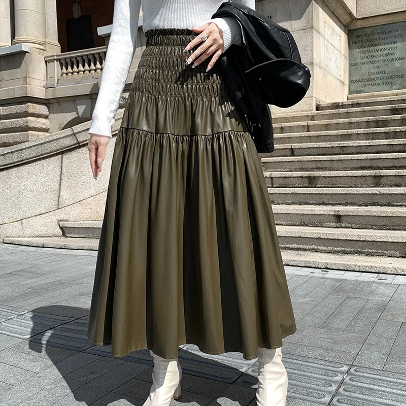 Faux Leahter PU Skirt Elastic Waist A-Line Black Skirts Casual Elegant Long Skirt Green Dress Female 2024 New Soft Vintage Skirt