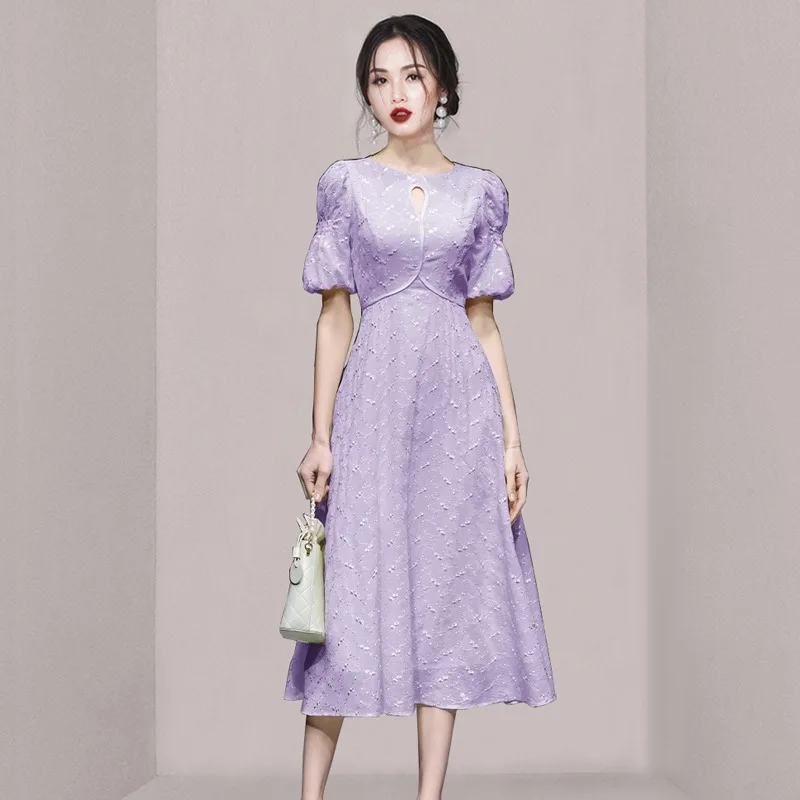 

Woemen Summer Purple Beige Apricot Noble Embroidery Sequins O Neck Hollow Out Lantern Sleeve High Waist Party Holiday Dresses