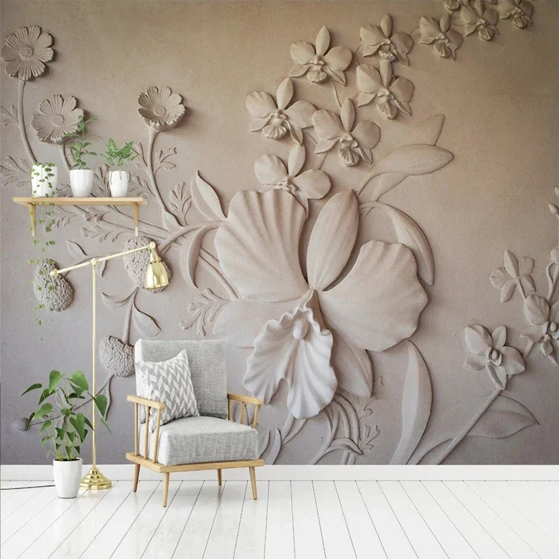 Custom Size Retro Cement Texture 3D Embossed Flowers Leaves Wallpaper for Bedroom Living Room TV Background Wall Photo Mural