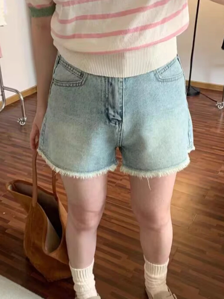 Pantalones cortos vaqueros Vintage para mujer, moda rasgada, cintura alta, novedad de verano, ropa de calle femenina recta, estilo coreano, elegante, lavada Ins