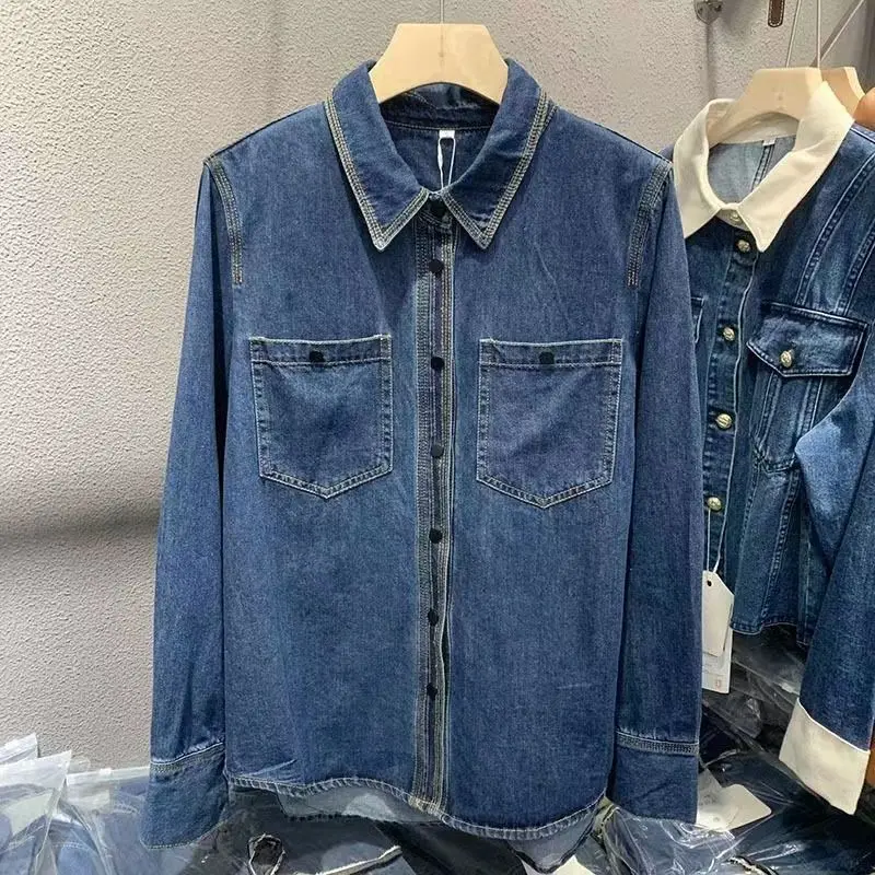 2023 Korean Vintage Turn-down Collar Denim Shirt Women\'s Clothing Fashion Casual Long Sleeve Button Spliced Blouse for Female