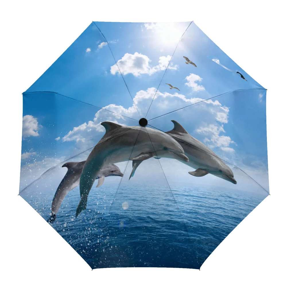 Animal Dolphin Sea Blue Sky Flying Bird Clouds Custom Automatic Umbrellas for Women Male Windproof Folding Rain Umbrella Parasol