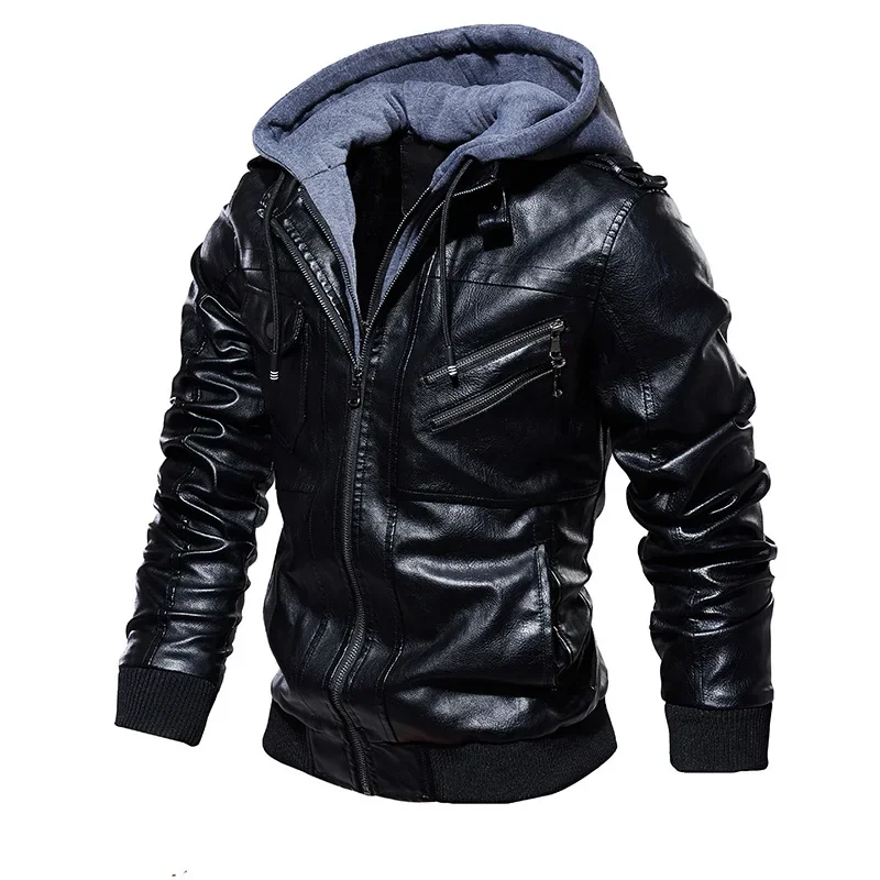 Chaqueta de piel sintética con capucha para hombre, abrigo de motocicleta con cremallera, de marca, talla grande, S-5XL, otoño, 2024