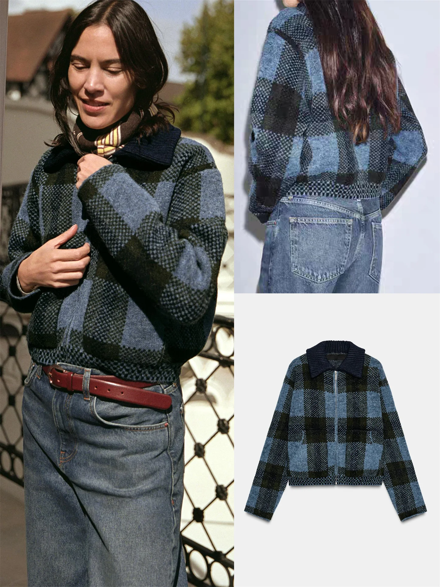 

Faionable Commuter Sle Women's Knitted Zipper Long Sve Collared Plaid Jaet New Arrival Autumn Season 580202