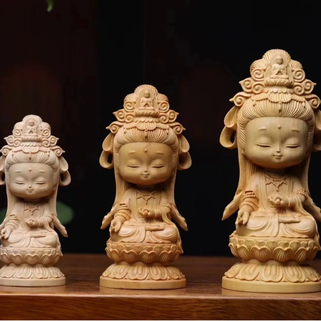 Cartoon Guanyin authentic leaflet boxwood carving Guanyin carving ornament Wenwan hand piece hand carving