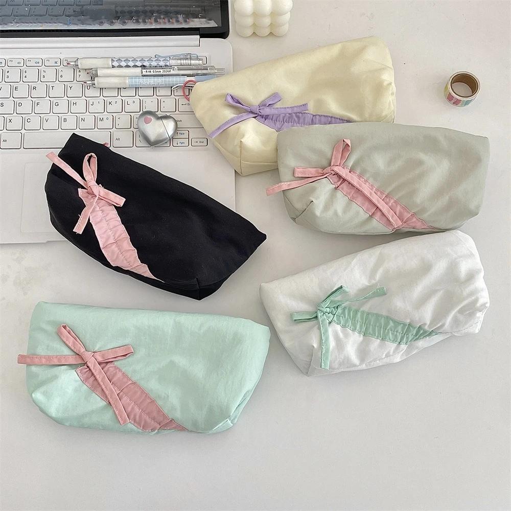 New Large Capacity Bowknot Pencil Case Cute Bow Zipper Lipstick Storage Bag Multi-purpose Students Stationery Pouch Women