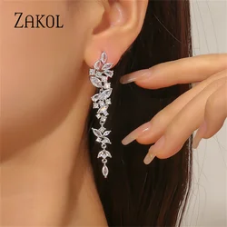 ZAKOL Exquisite White Gold Color Leaf Long Dangle Earrings for Women Fashion Cubic Zironia Bridal Earring Wedding Jewelry