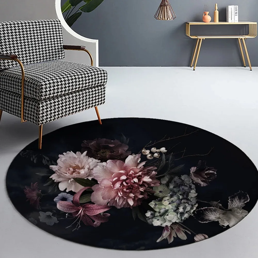 Home decoration living room bedroom bathroom absorbent carpet peony rose oil painting art print sofa round floor mat