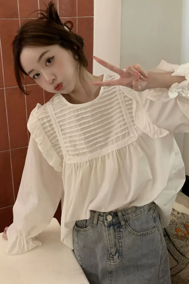 Spring New Pleated Loose Youth Blouse Long Sleeve Solid Color Patchwork White Korean Shirt Tops Vintage Fashion Women Clothing