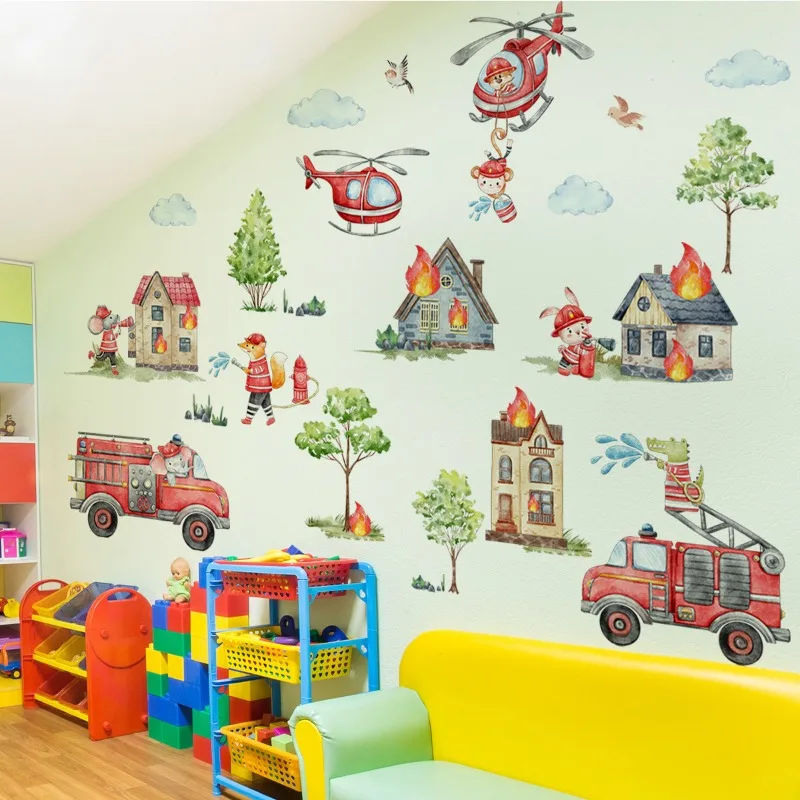 Cartoon Fire Truck Rescue Team Wall Sticker, Kids Background Wall Decor, Kindergarten Wall Decal for Room Decoration