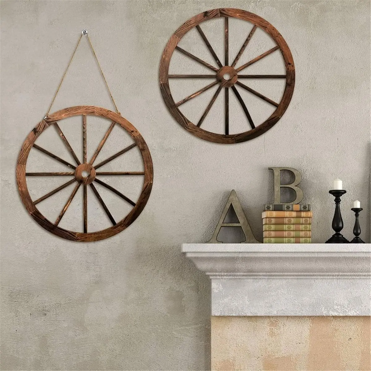 12 Inch 2 Pcs Wooden Wagon Wheel Decor, Western Rustic Decorations Wooden Decor for Bar, Garage, Bedroom, Cowboy Party