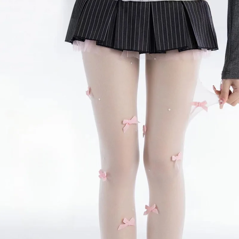 

Pink Velvet Bow Pearl Embroidery Body Stockings Pantyhose 3D Sexy Tights Pantyhose Sweet Girls Nylon Tights Japan Styles Lolita