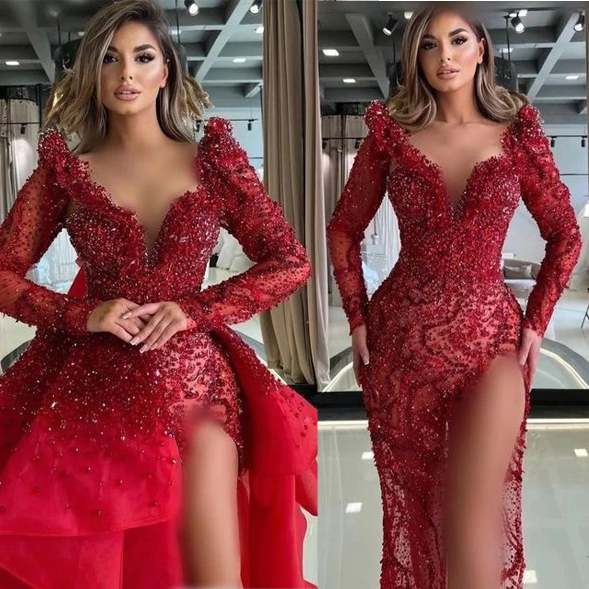 New Evening Dresses V Neck Long Sleeve Beads Lace Appliques Prom Gowns Customized Detachable Train Special Occasion Wear