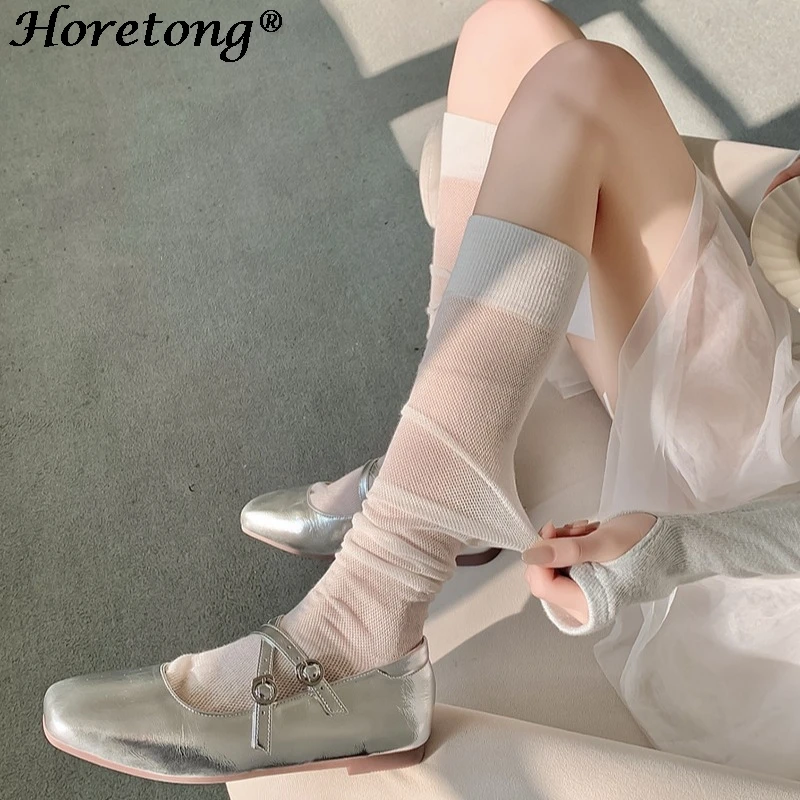 

Horetong Women Stockings JK Lolita Sweet Girls Long Socks Ultra Thin And Breathable Japanese Korean Solid Black White Gray Socks