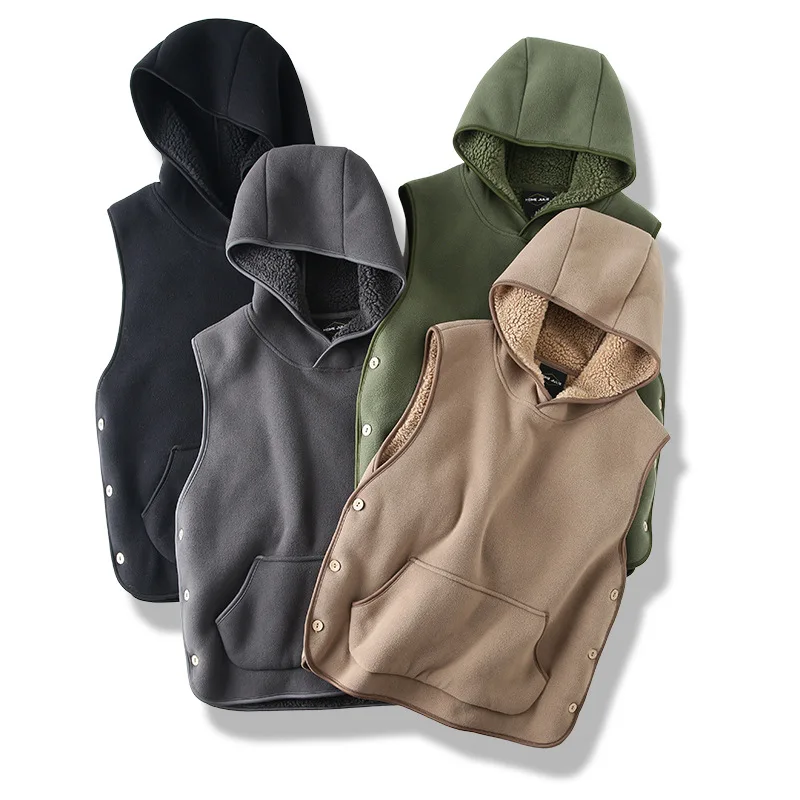 

Winter Men's Sleeveless Vest Soft Comfortable Fleece Thicken Hooded Solid Color Couple Casual Loose Warm Simple Male Waistcoat