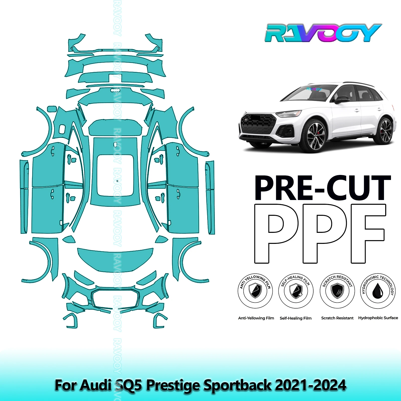 RAVOOY Custom-Fit Precut TPU PPF Full Vehicle Clear Bra Stone Guard EU UK For Audi SQ5 Prestige Sportback 2021-2024