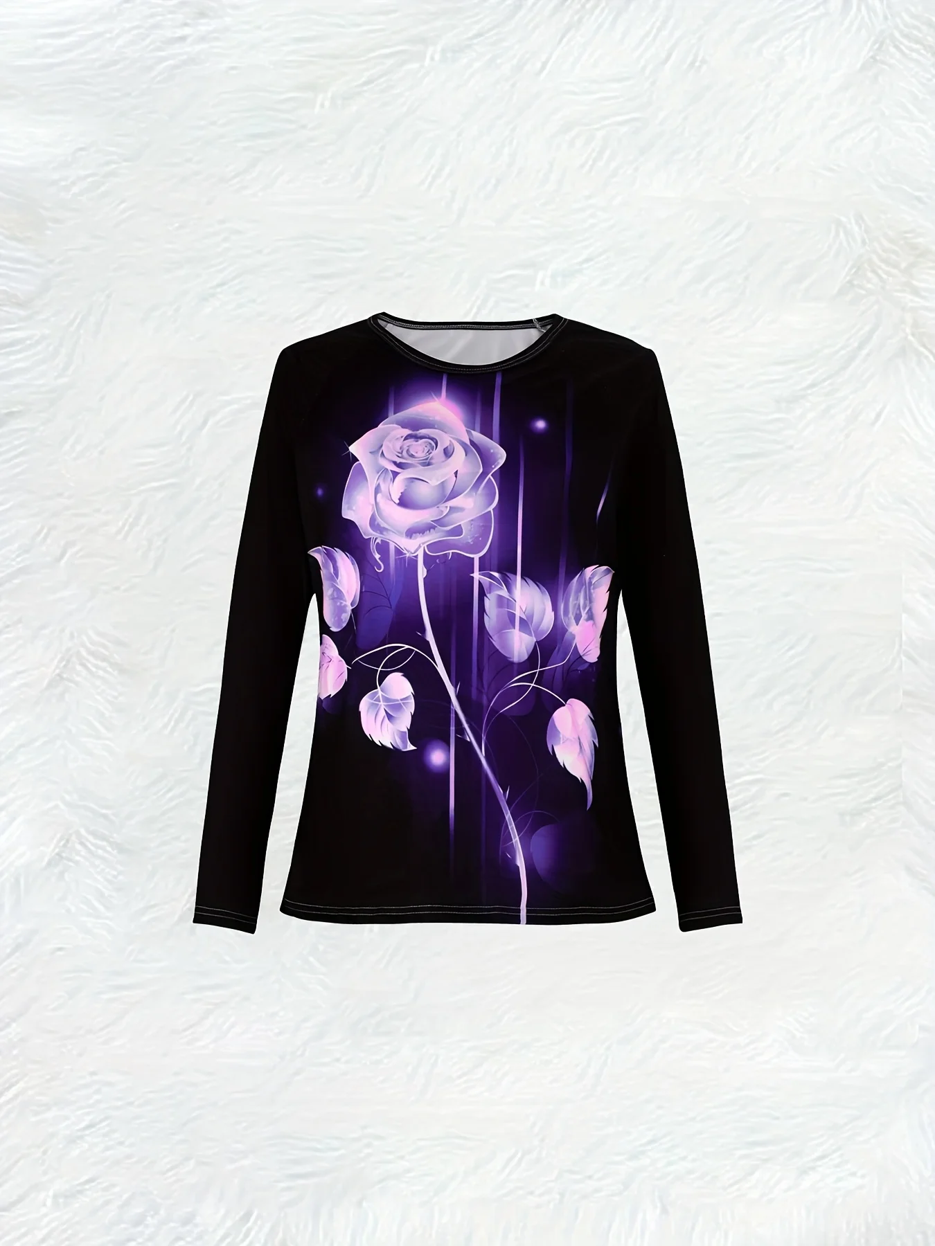 Women Crew Neck Long Sleeve T-Shirt Glowing Purple Rose Print Casual Street Fashion Loose Daily Basic Tee Top