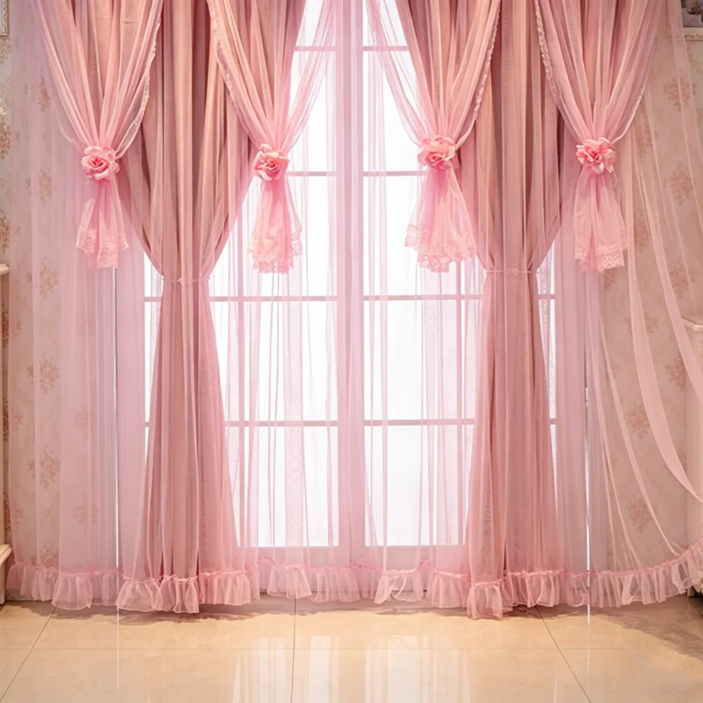 

Korean Style 3 - Layer Princess Curtain – Lace Sheer + Blackout Drapes for Living Room, Sweet Girl’s Bedroom Decor