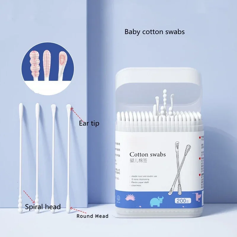 200pcs Double Disposable Cotton Swab Makeup Nose Ear Sticks Cleaning Lint Free Cotton Spiral Ear Care Buds Swabs Baby Care Tool