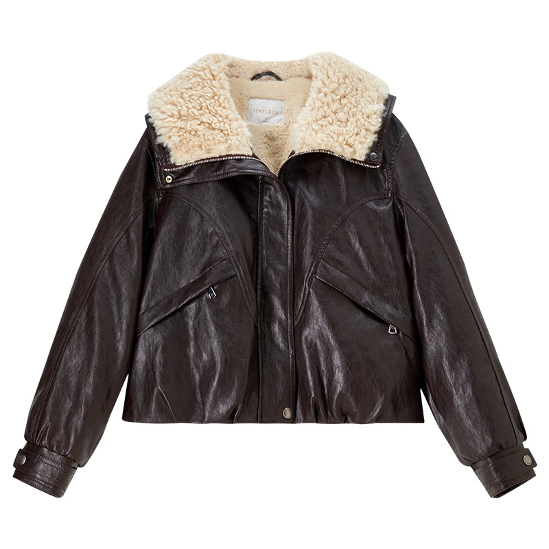 Jaqueta Feminina SENTUBILA de Couro Sintético Forrada com Lã, Gola Contrastante, Casaco Curto de PU, Coleção Inverno 2025, Agasalho Feminino W54PD6213