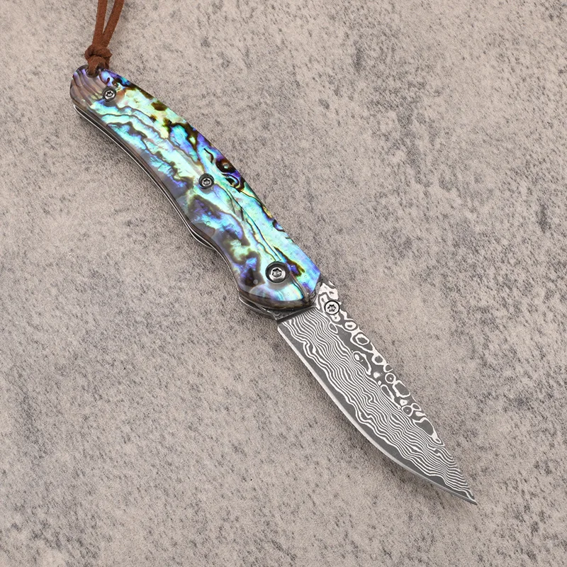 Damascus steel color shell handle folding knife outdoor mini camping self-defense fishing hunting pocket EDC knife