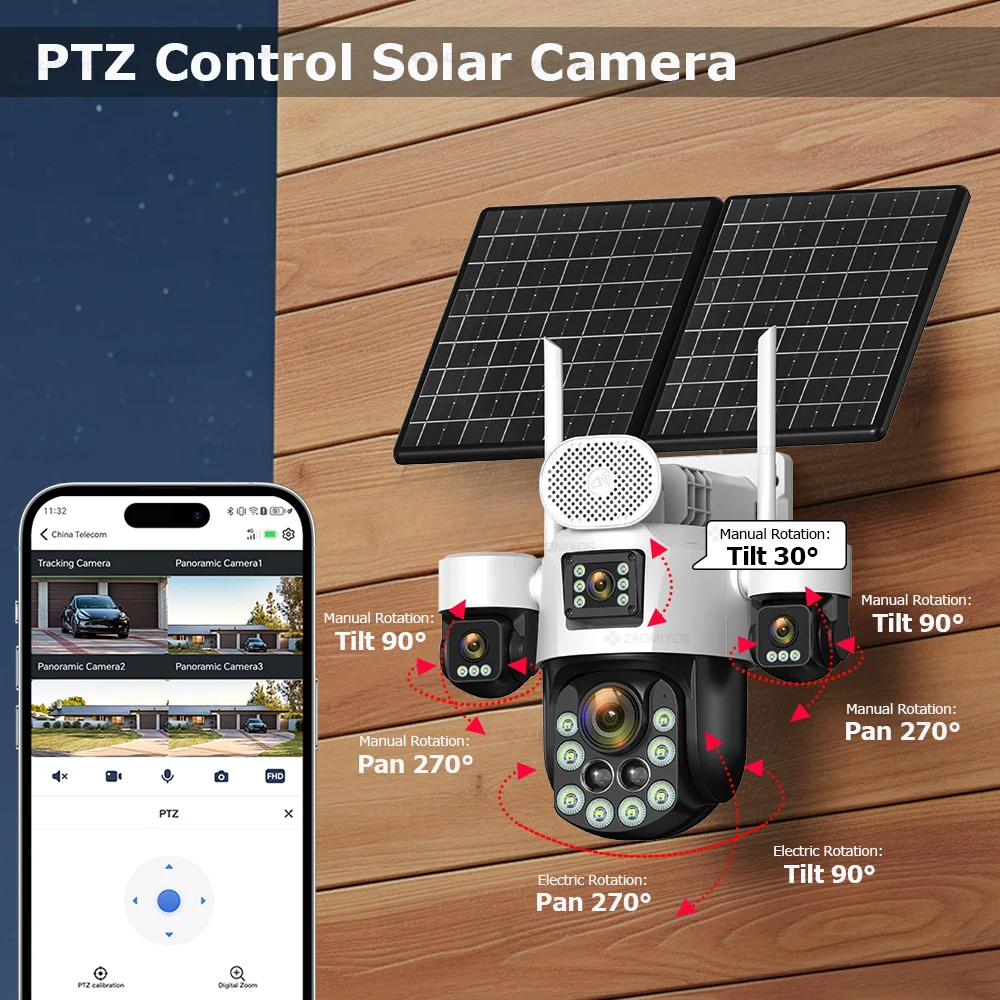 4 Lens Outdoor 360° Surveillance Solar Camera 20MP 60X Optical Zoom 4G SIM Home Security PTZ Auto Track AOV 24/7 Record CCTV Cam view 3
