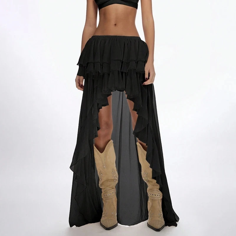 

Women Simple Elastic Swing Cake Half Skirts Fashion New Solid Ruffles Loose Maxi Skirts Chic Hollow Out Irregular Split Skirts