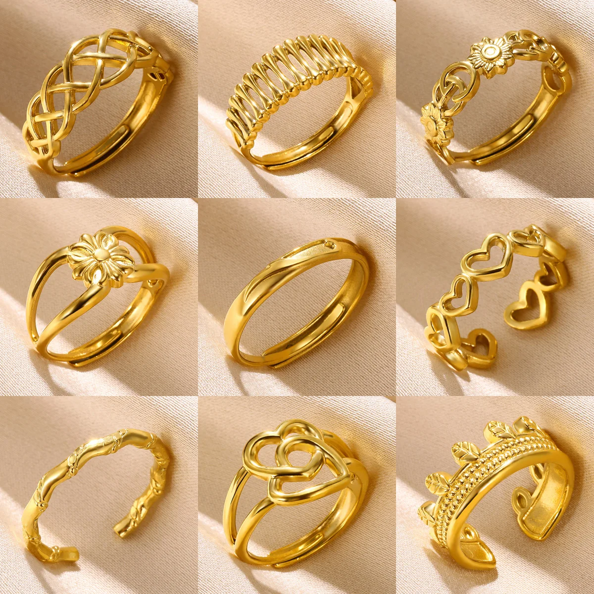 Edelstahl Ringe für Frauen Gold Farbe Paar Schmuck Ästhetisches Zubehör Einstellbare Punk Geprägte Hohl Ring