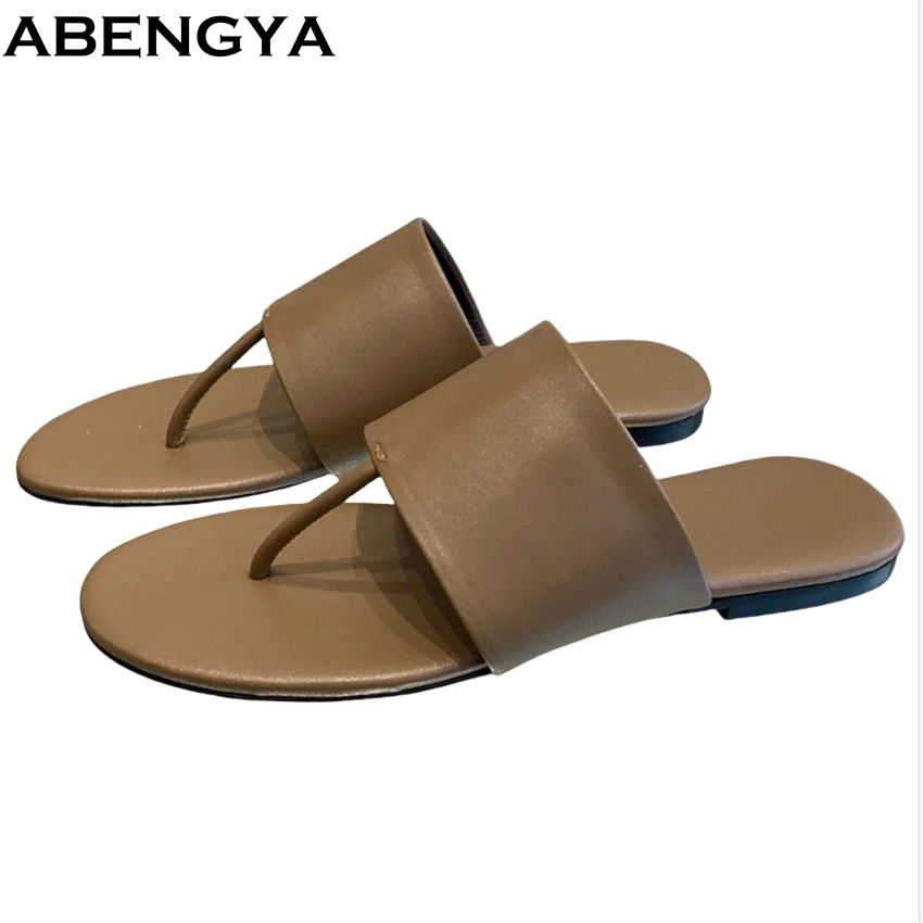 

ABENGYA FlipFlops Beach Slippers Women Summer Casual Holiday Slides Real Leather Shoes Women Flat Slippers Woman