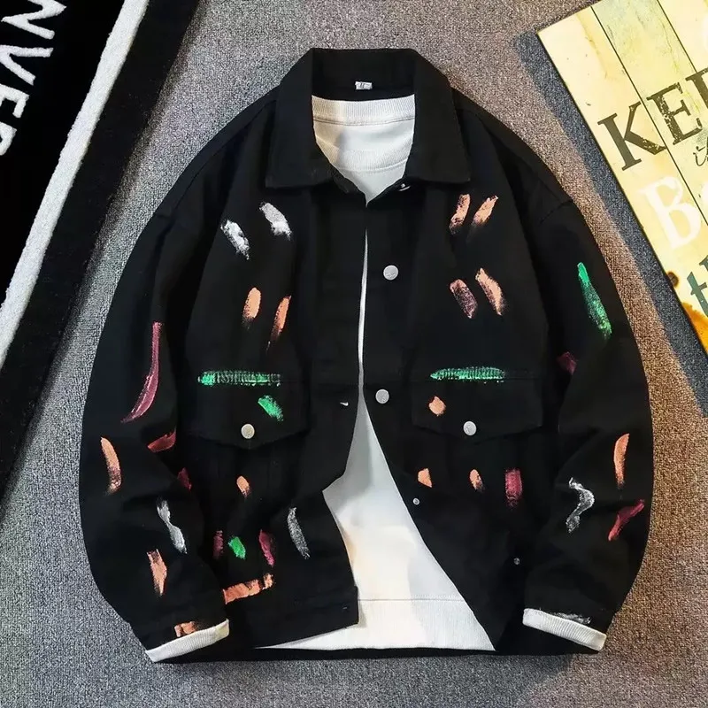 

Осень и весна, новая модная трендовая американская винтажная черная джинсовая куртка с принтом, мужская повседневная свободная спортивная куртка больших размеров M-3XL
