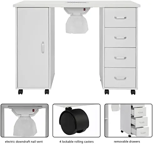 Manicure Nail Table, White Salon Desk with Dust Collector, 4 Drawers | Side Cabinet, Removable Drawers, Rolling