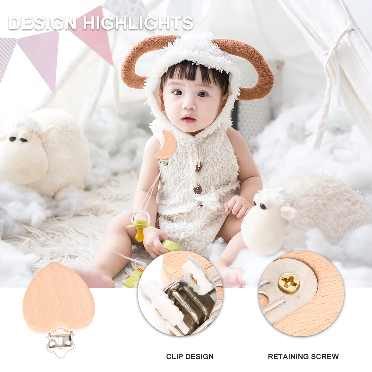 

8Pcs Pacifier Clip Baby Natural Colors Bear Dinosaur Elephant Moon Heart Baby Pacifier Clip Holder