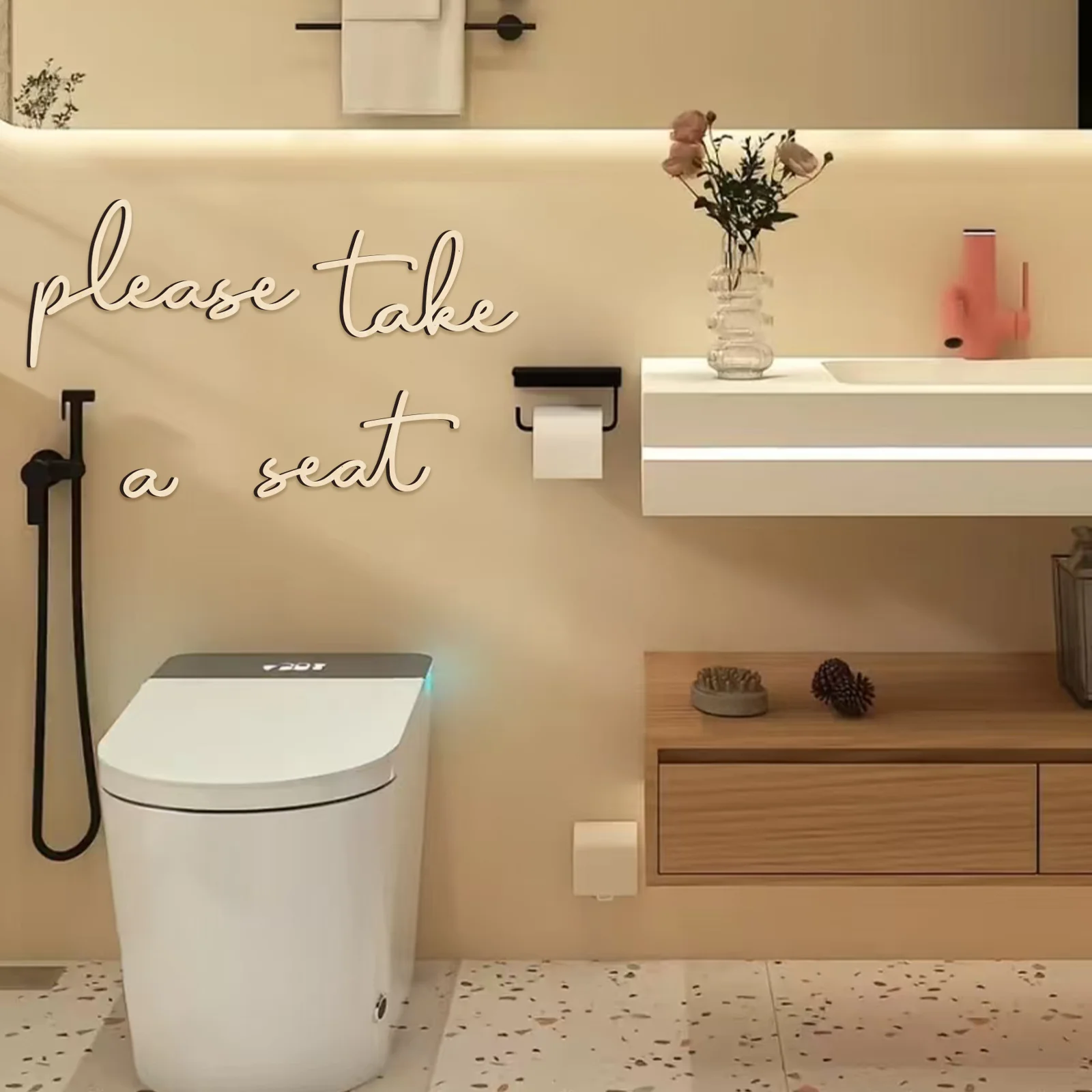 

Wooden "Please Take a Seat" Bathroom Sign Set - 4-Piece Rustic Wall Decor with Cursive Lettering for Above Toilet