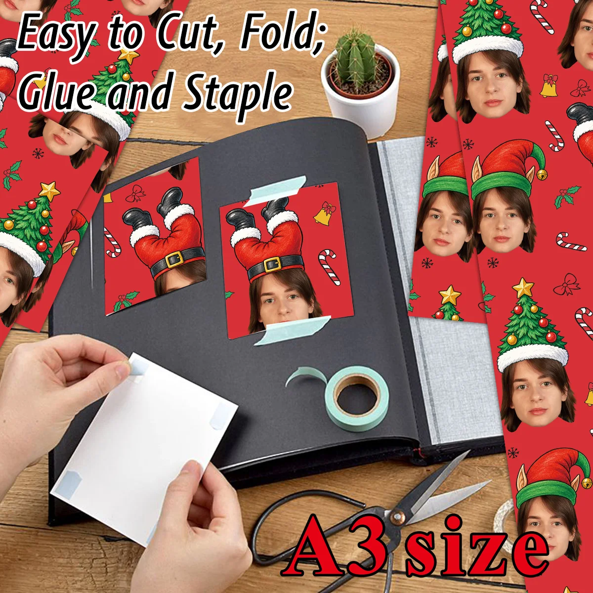 3pcs Custom Face Christmas Decorative Paper,Funny Personalized Your Photo With Xmas Pattern,For Holiday Gift Box,Christmas Party