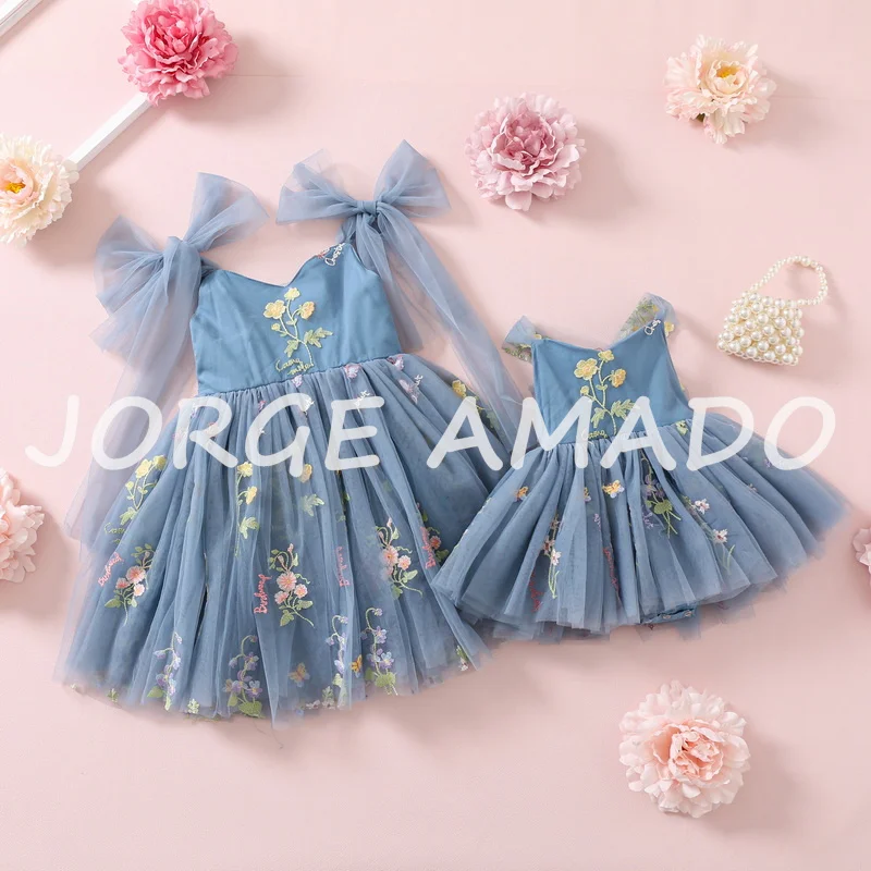 Summer Baby Girl Dress/Bodysuit Family Matching Outfits Sweet Style Embroidery Tulle for Twins Sisters E1236