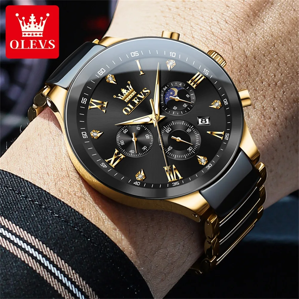 OLEVS Mens Watches Business Multifunctional Chronograph Quartz Wrist watch For Man Date Moon Waterproof Ceramic Watch Bands 7004