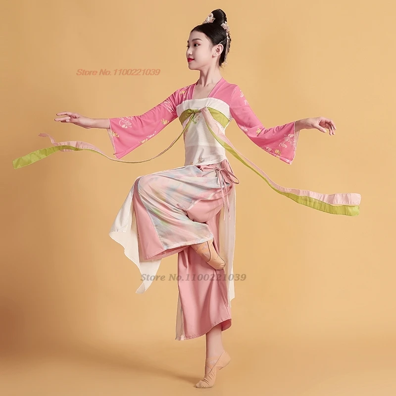 Vestido de baile chino para niños, traje tradicional para actuación en escenario, tops hanfu de malla con estampado de flores y pantalones, conjunto de vestido de hada para niña 2025