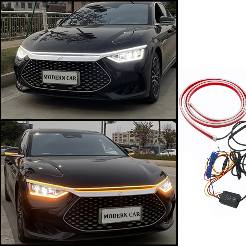 Yellow White Dynamic LED Daytime Running Light Strip For Car Universal Auto Headlight Strips Scan Car Hood Decorative Light 12V