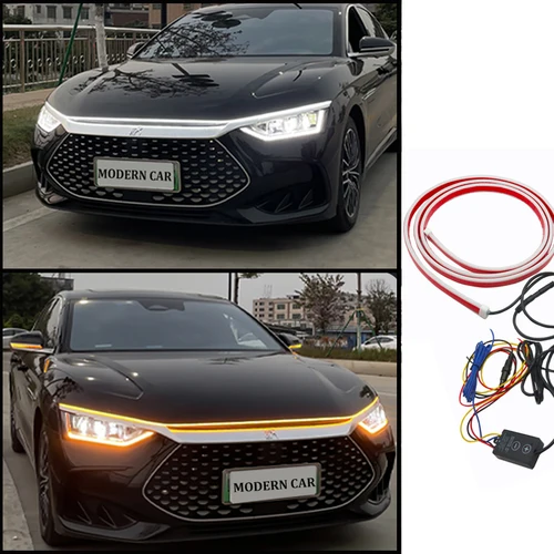 Tira de luces LED de circulación diurna dinámica amarilla y blanca para coche, tiras universales para faros de coche, luz decorativa para capó de coche de 12V
