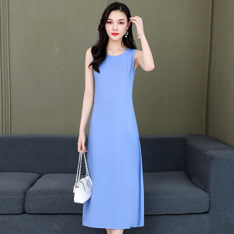 8 Colors Sleeveless Vintage Summer Dress Women Casual Solid Color Women Dress O-Neck Elegant Sundress Women Black Long Dress