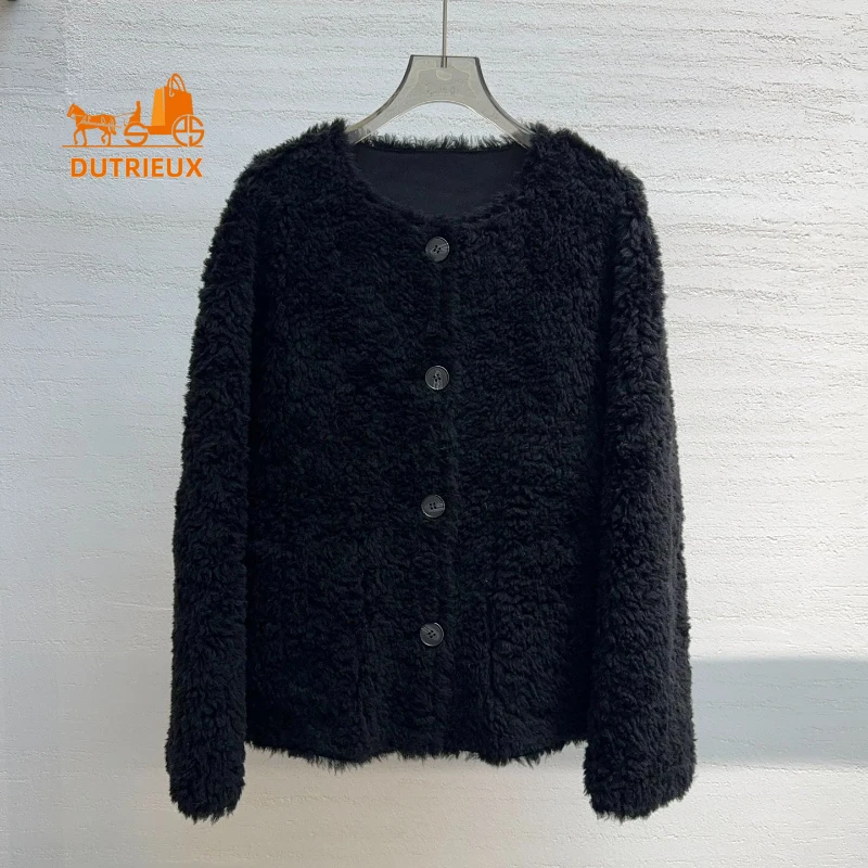 24 Nuovo cappotto invernale in pelle di agnello da donna, cappotto corto in pelle di agnello su due lati con girocollo 100% lana versione ampia giacca in pelle e pelliccia