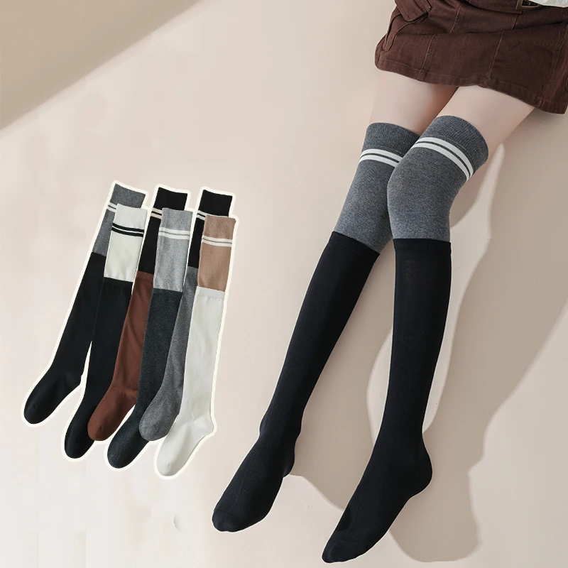 

315Four Seasons Women's Socks With Black And Grey Spliced Two Bars And Double Ribs Long Sleeve Over Knee High Sleeve Thigh Socks