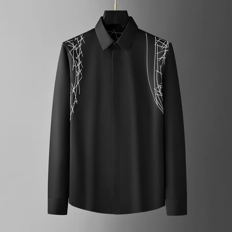 Trendy Autumn Embroidered Men's Long Sleeved Shirt Fashion Casual Business Dress Shirts Versatile Men Social Party Tuxedo Blouse