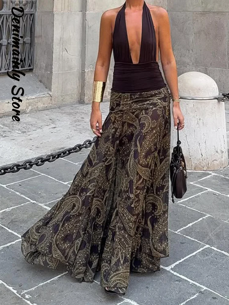 Fashion Print Plaeted Long Skirts Women High Waist Loose A-line Skirt 2025 Summer Autumn Lady Party All-match Clothes